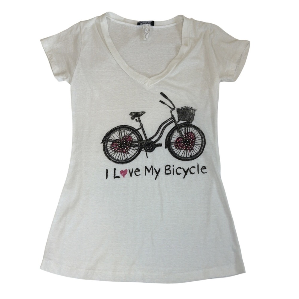 Wet Seal White T-shirt Women's Size Medium Bedazzled Bicycle